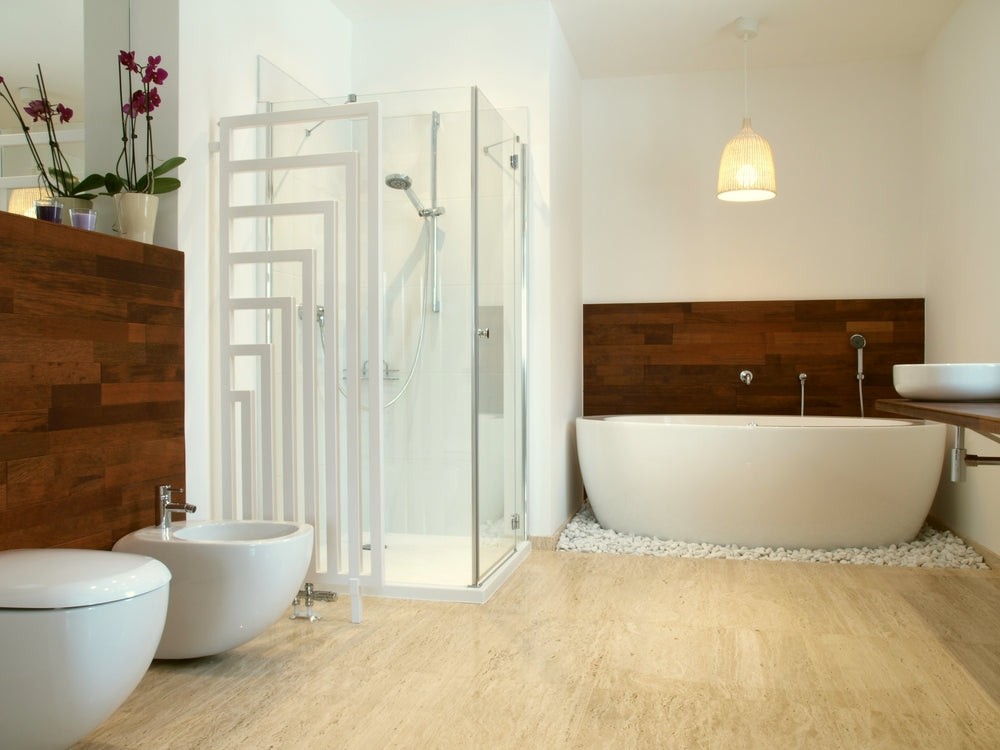 Modern en suite bathroom with wood wall
