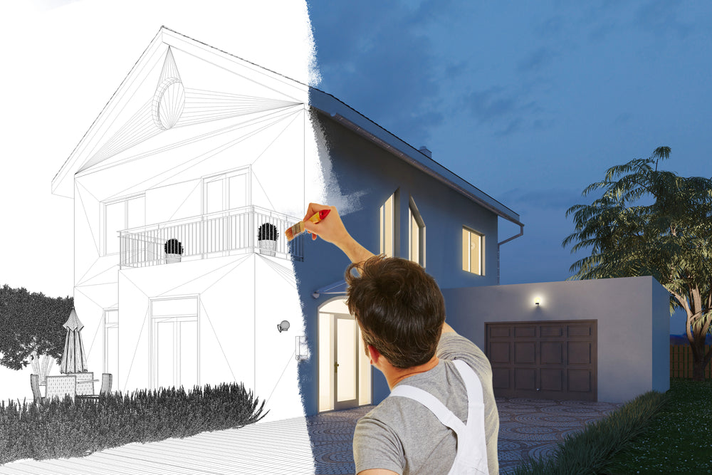 Painter painting picture of modern house from sketch