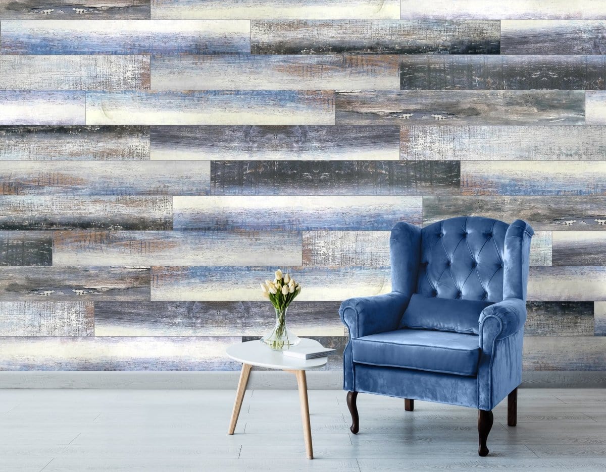 WM95914101 Distressed white blue faux wood planks 3D Wallpaper